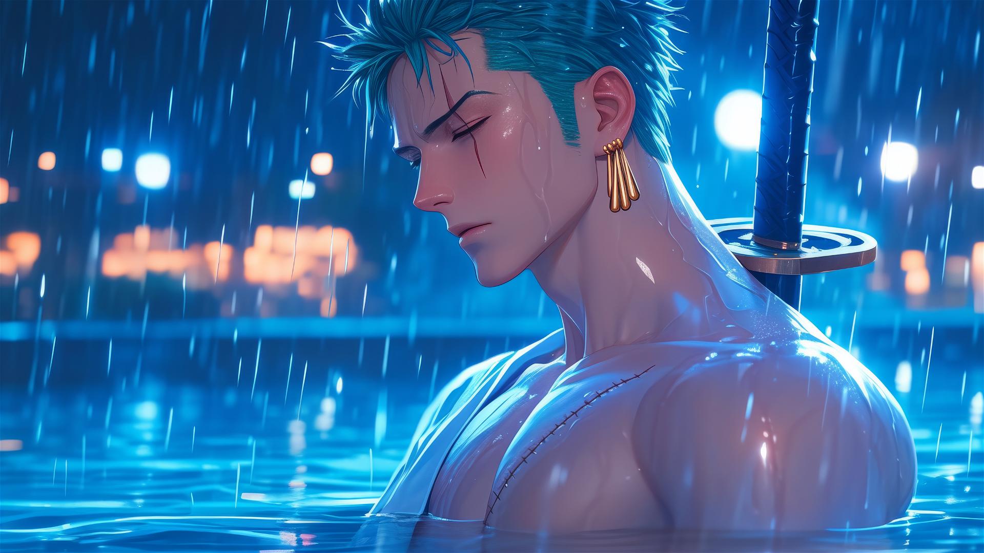 Roronoa Zoro of One Piece resting at moonlit rainy swimming pool