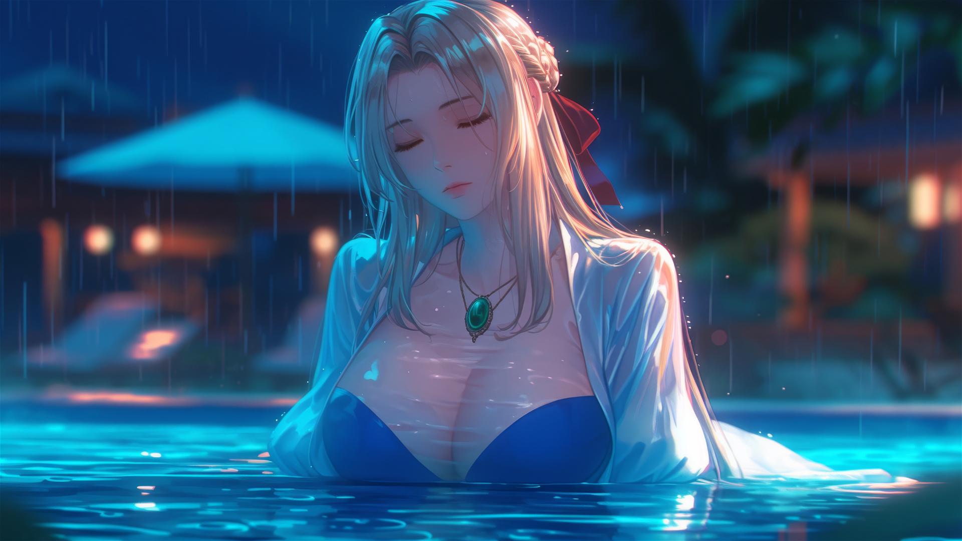 Violet Evergarden resting by pool under moonlight