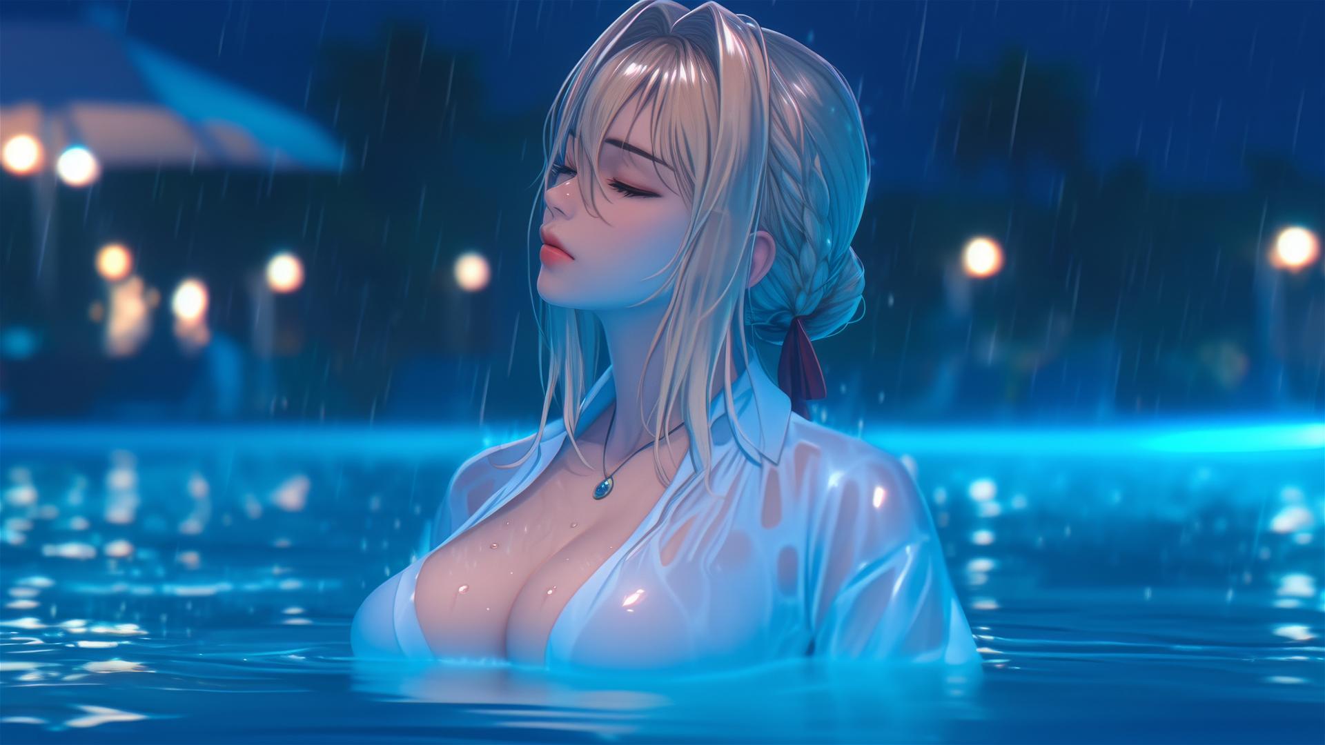 Violet Evergarden resting by a moonlit, rainy swimming pool