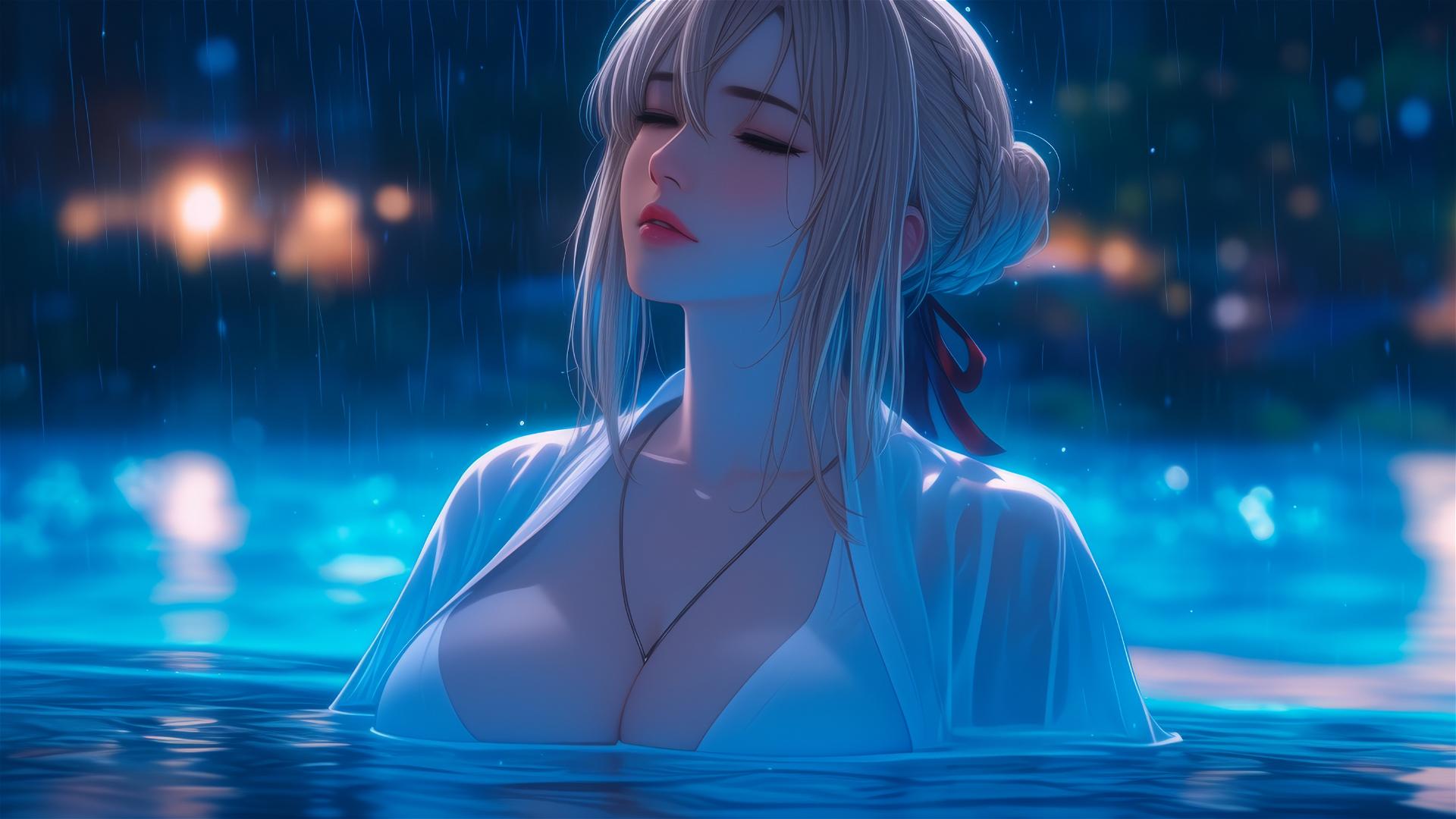 Violet Evergarden resting by a rainy swimming pool under moonlight