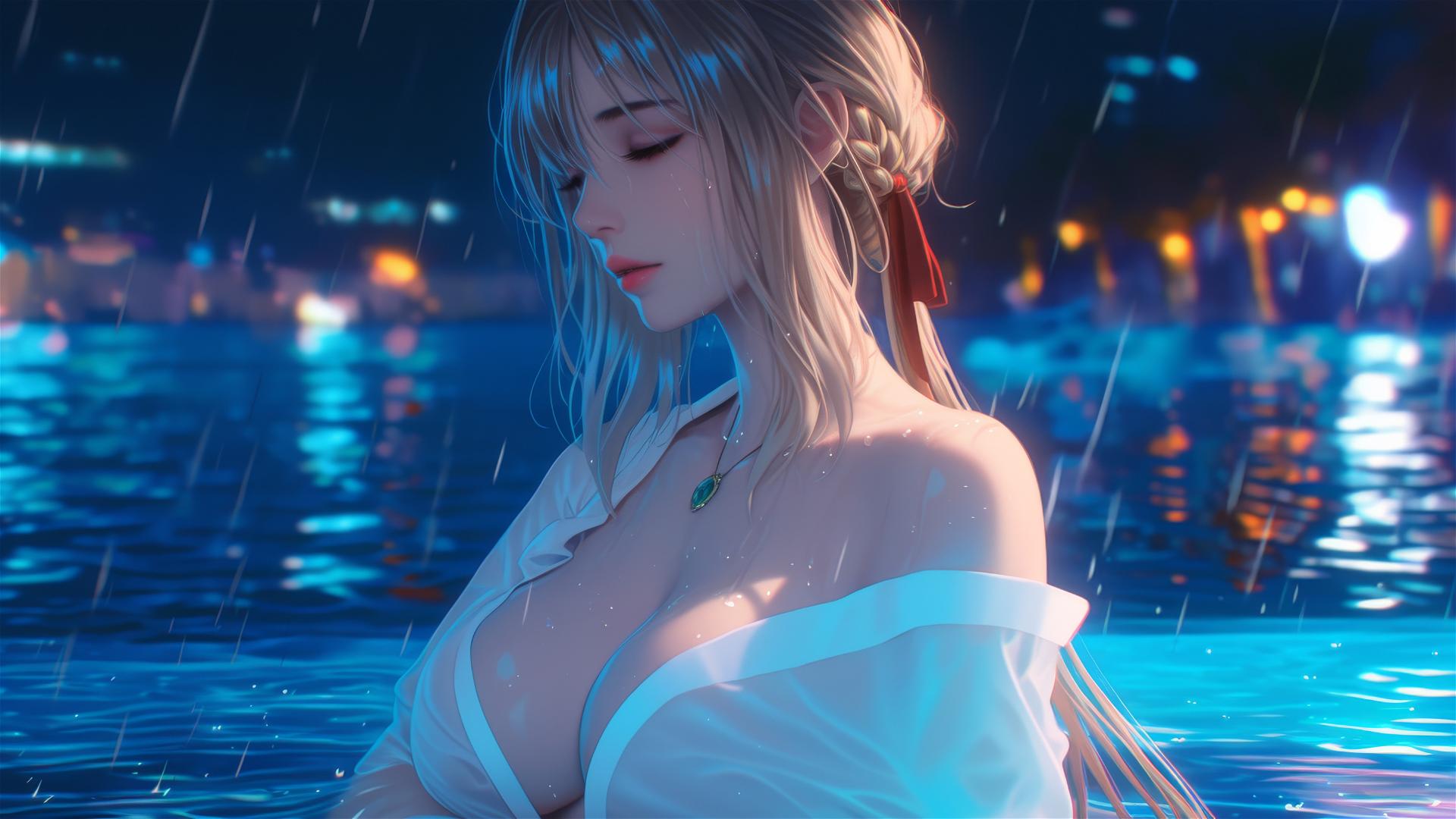 Violet Evergarden resting by a rainy pool under moonlight