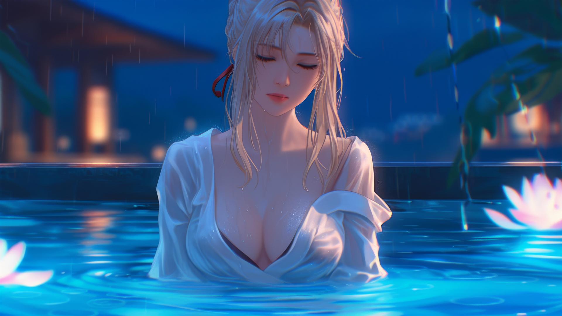 Violet Evergarden resting by a rainy swimming pool under moonlight