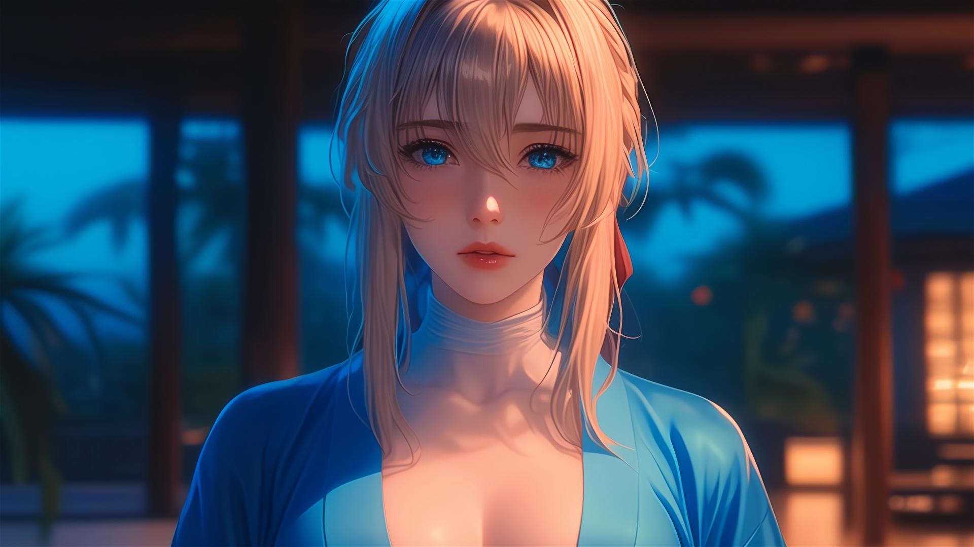 Violet Evergarden standing in moonlight at home