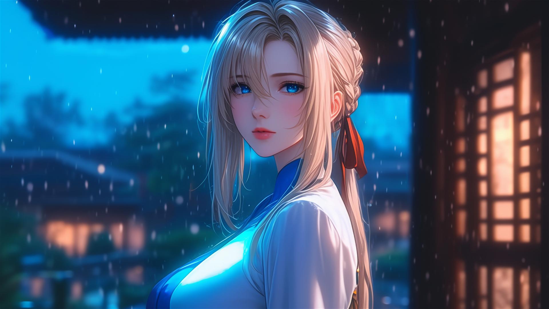 Violet Evergarden standing in moonlight at her house