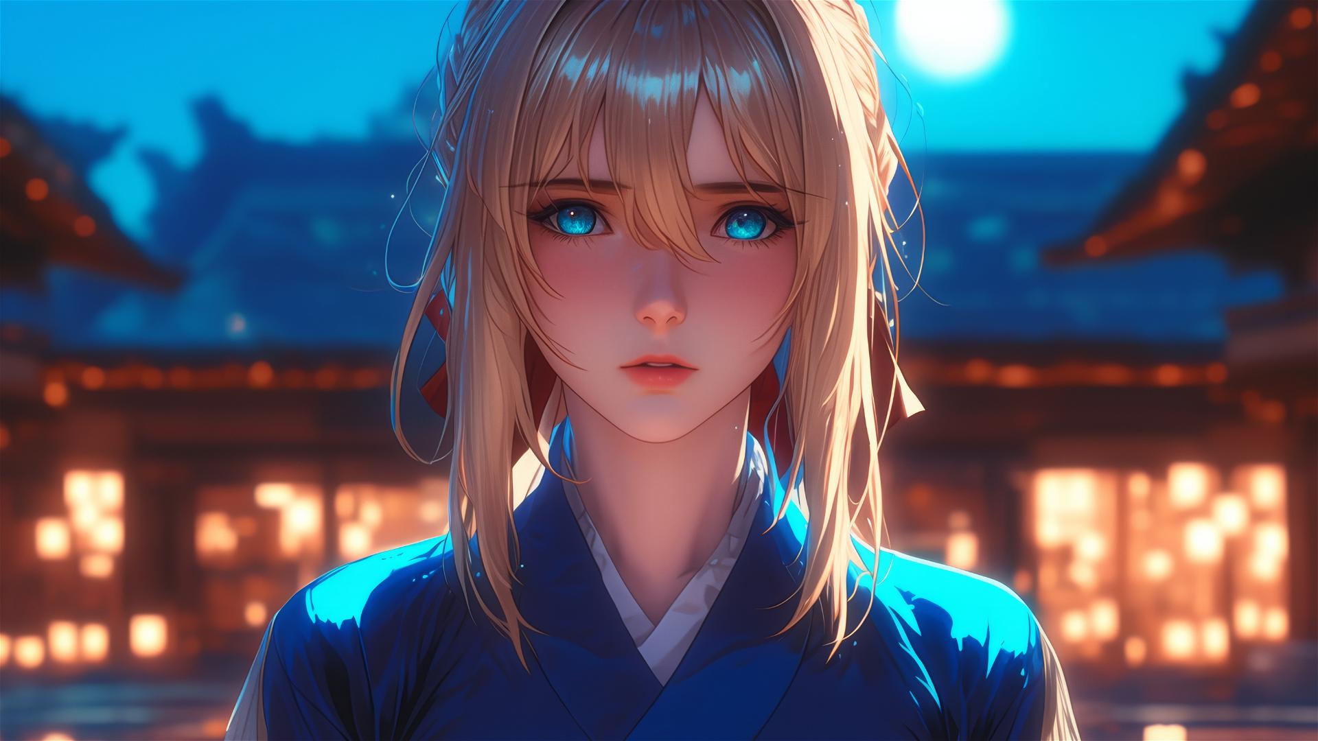 Violet Evergarden stands leisurely at her house under soft moonlight