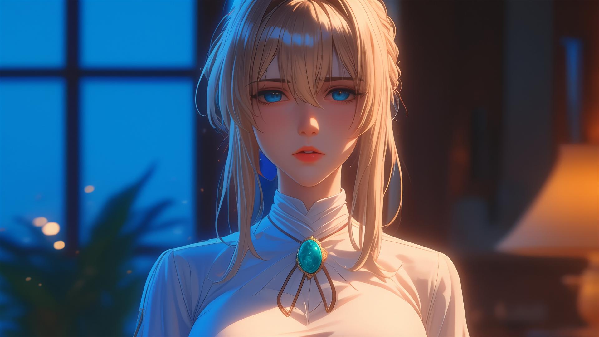 Violet Evergarden standing at her house in moonlit glow