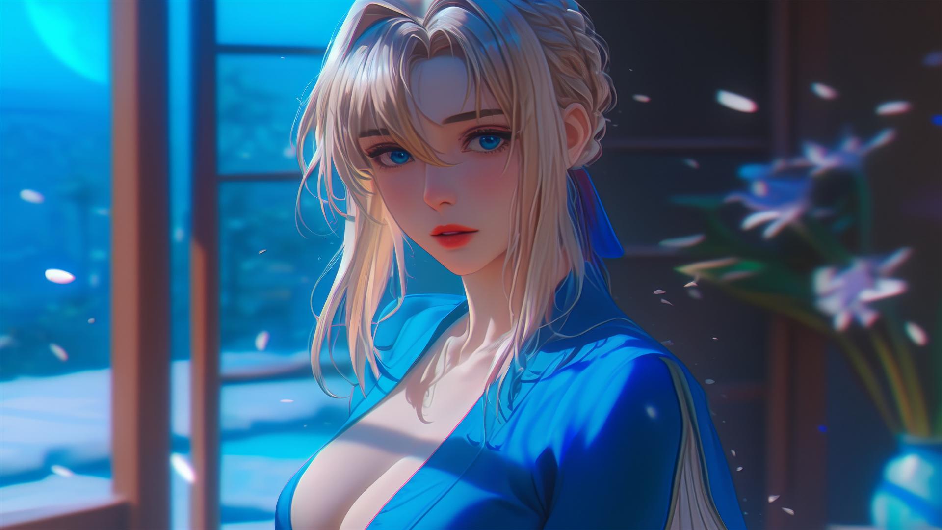 Violet Evergarden standing leisurely at her house under the soft moonlight