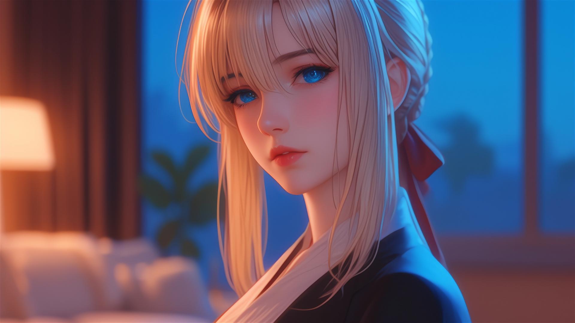 Violet Evergarden standing leisurely at house under moonlight