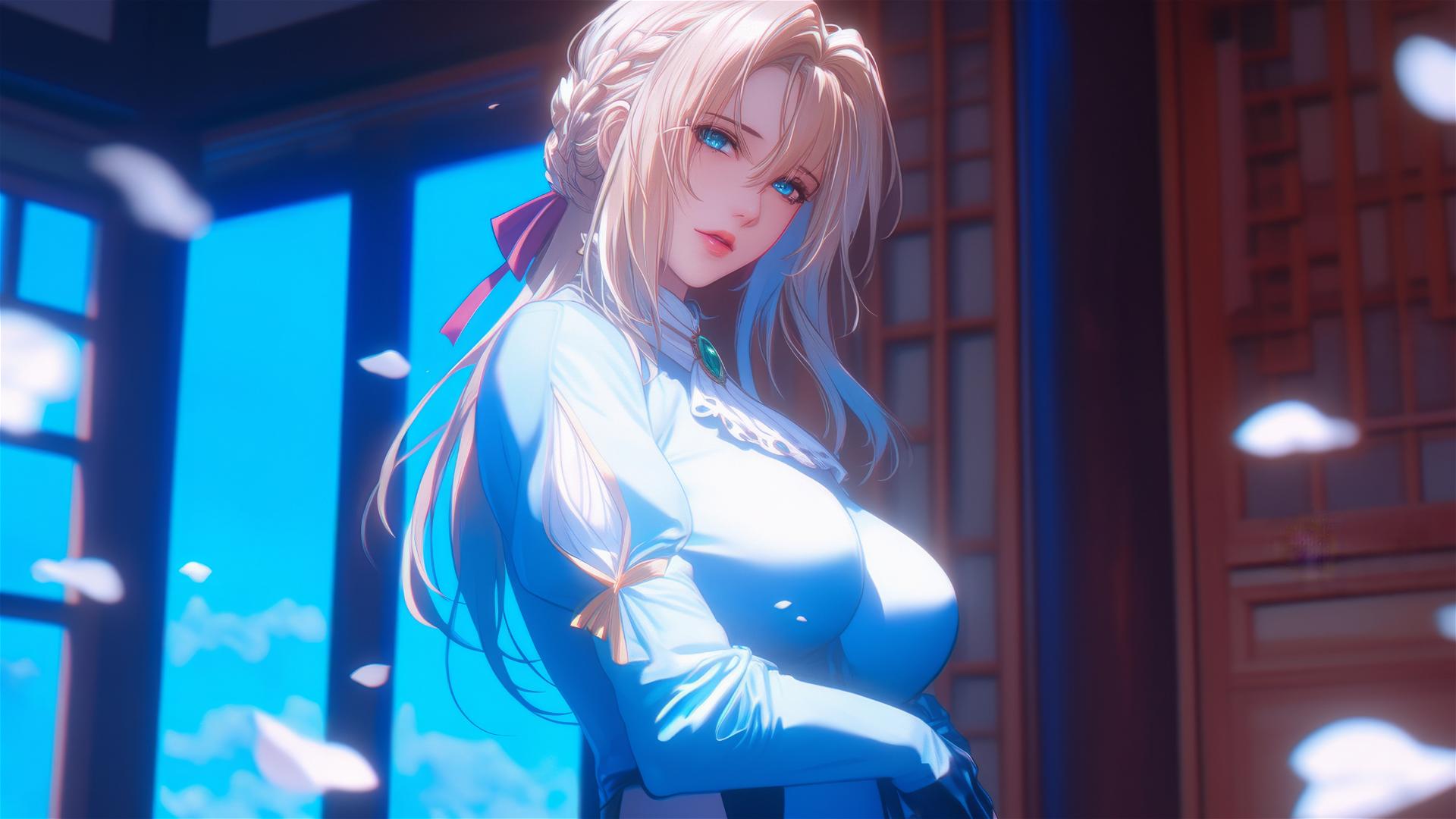 Violet Evergarden standing at her house in moonlight