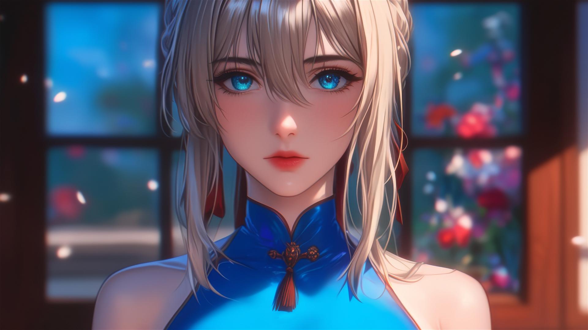 Violet Evergarden standing at her house under moonlight