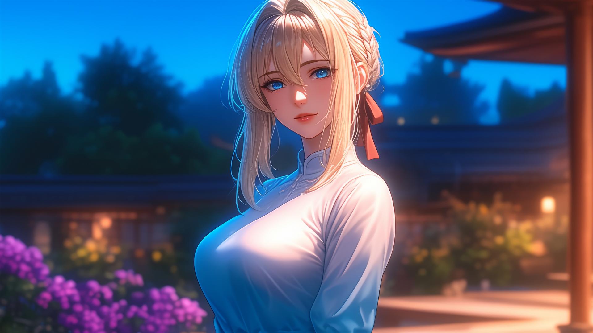 Violet Evergarden standing leisurely at her house under moonlight