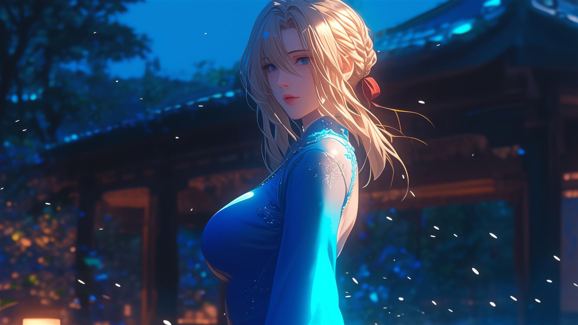Violet Evergarden standing leisurely at house under moonlight