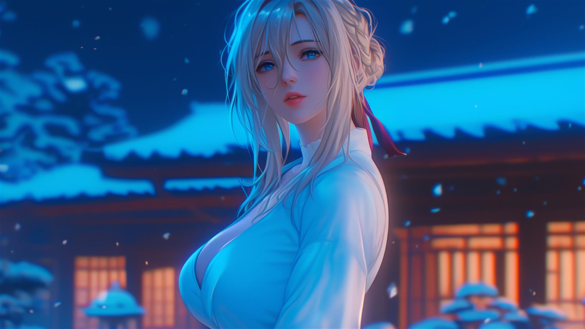 Violet Evergarden standing leisurely at her house lit by moonlight