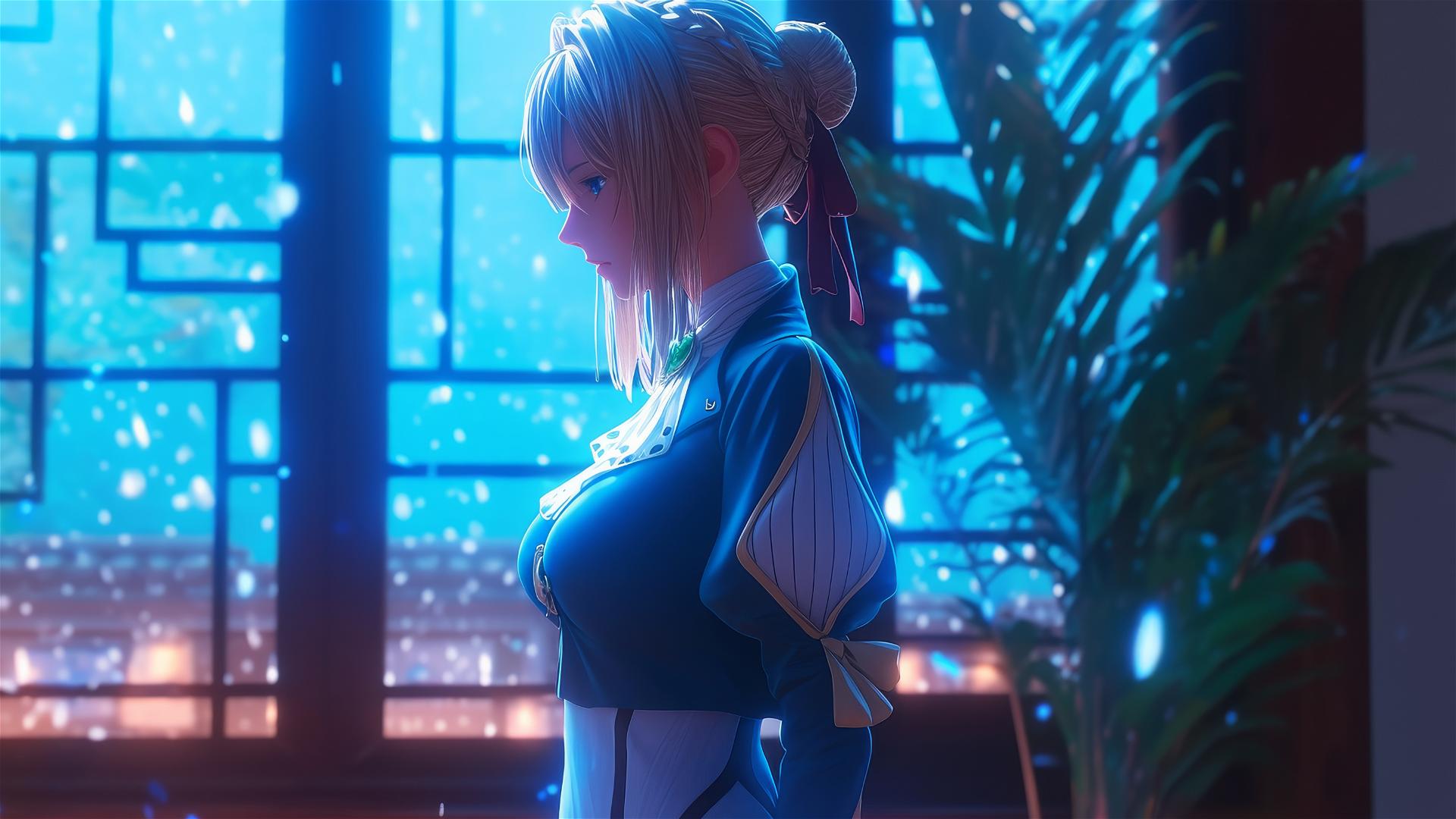 Violet Evergarden standing leisurely at her house under the soft glow of moonlight