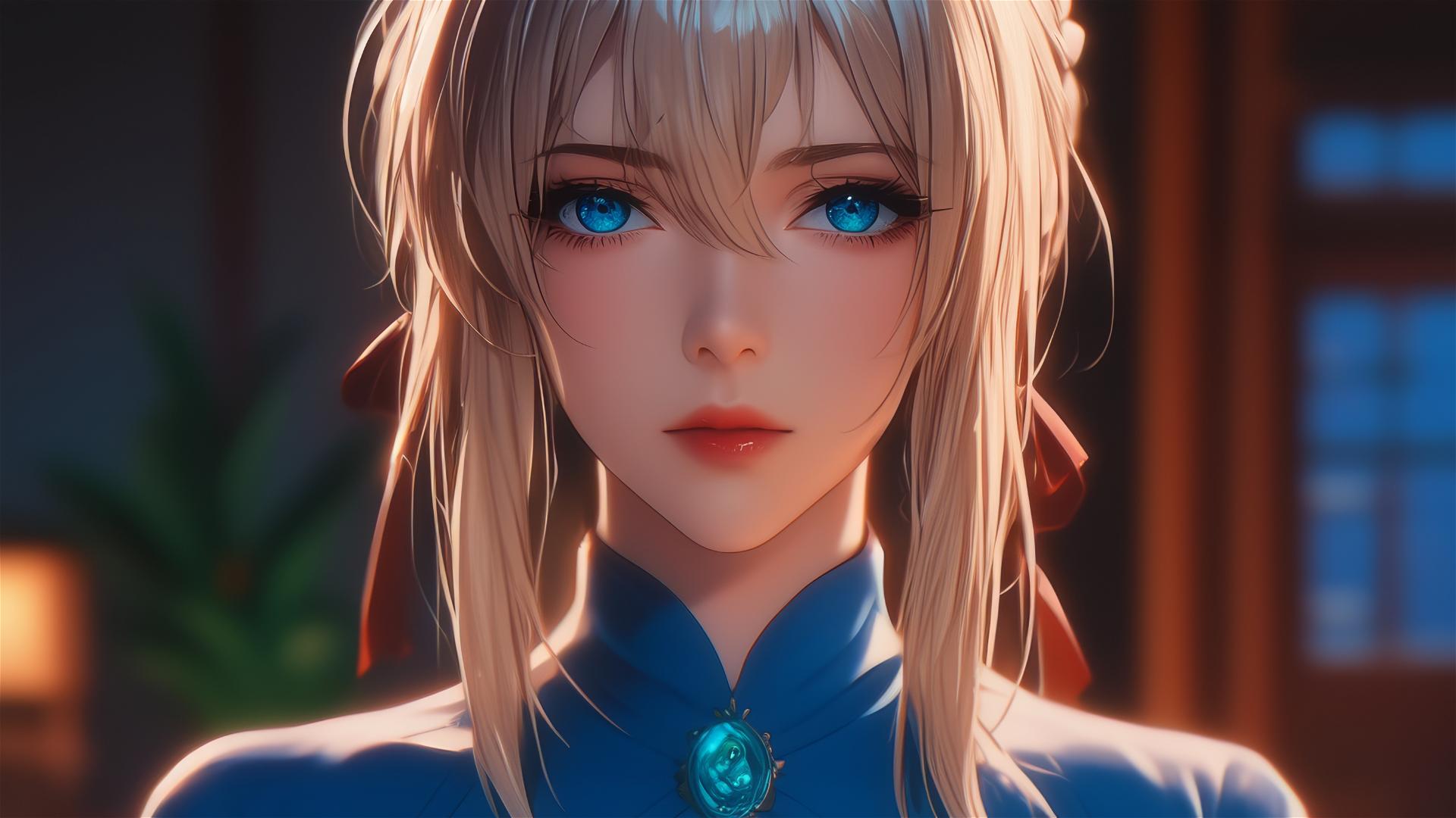 Violet Evergarden in moonlight at her house