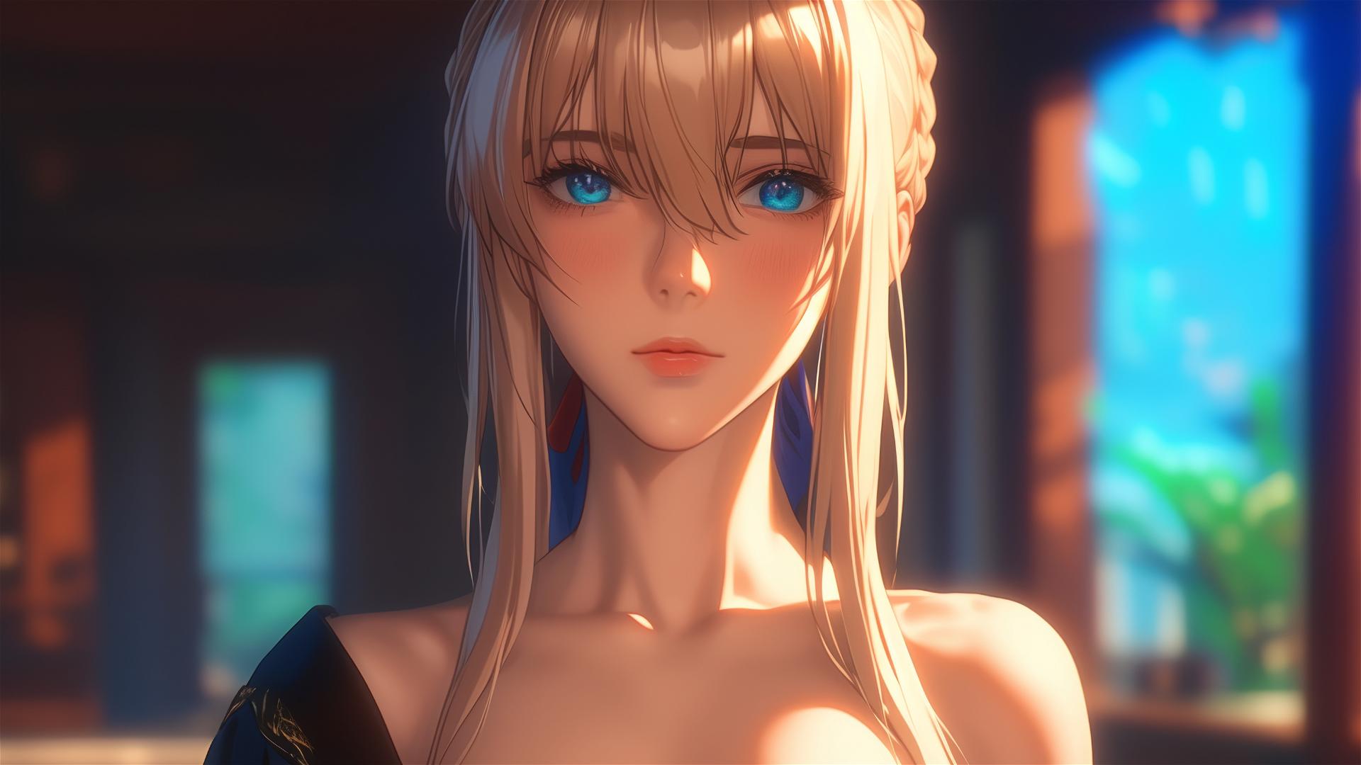 Violet Evergarden standing at home under moonlight