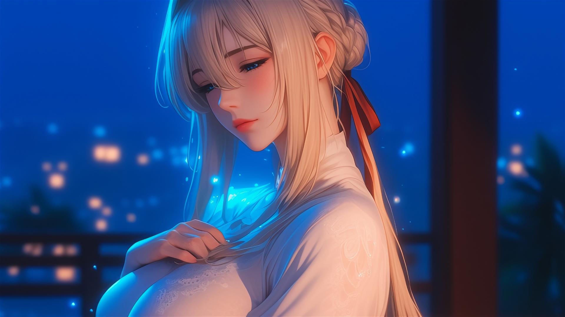 Violet Evergarden resting in an apartment under the moon