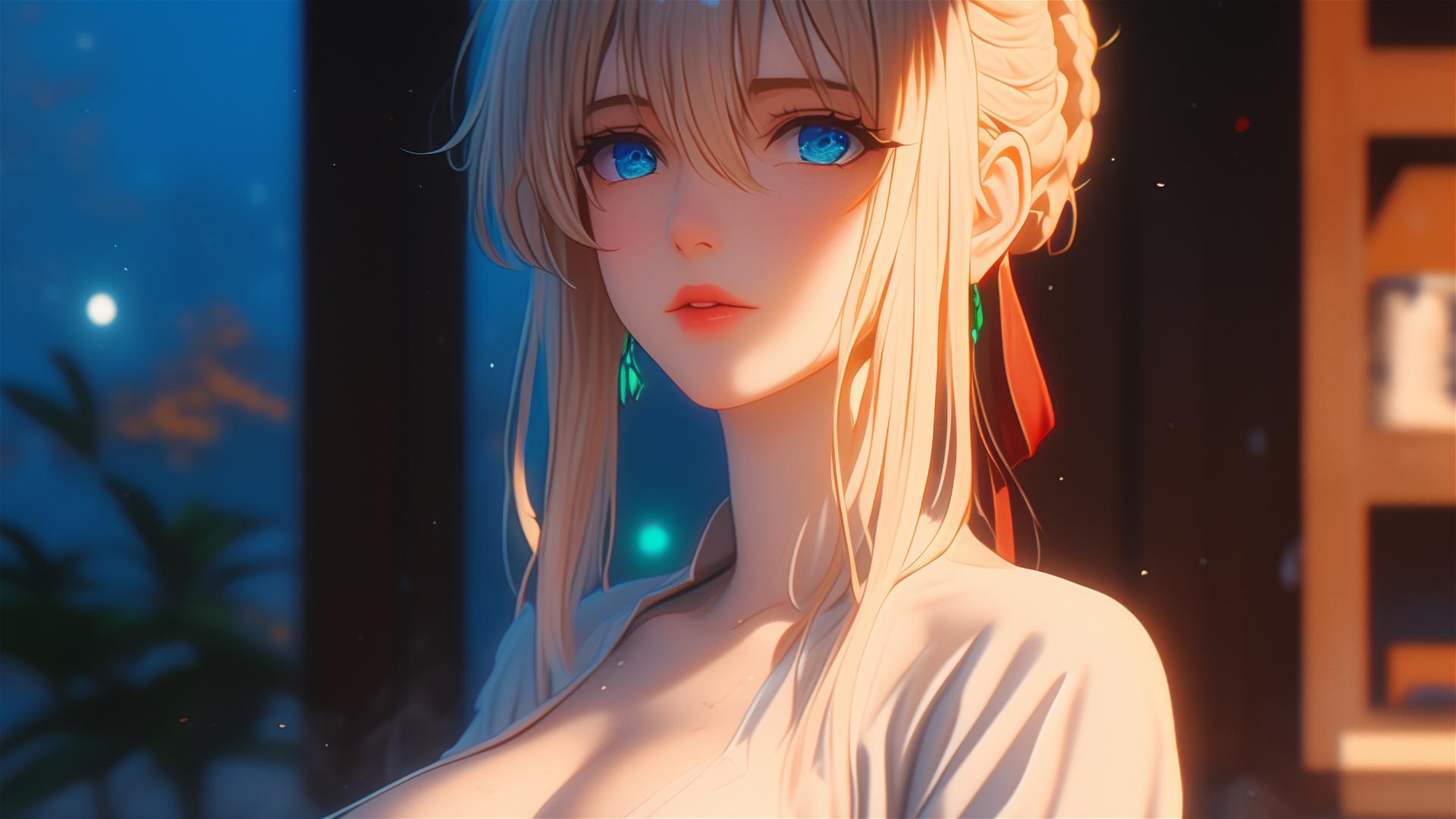 Violet Evergarden resting in apartment with moonlight glow