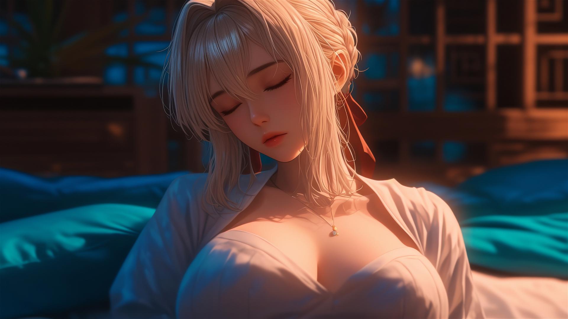 Violet Evergarden resting in apartment with moonlight glow