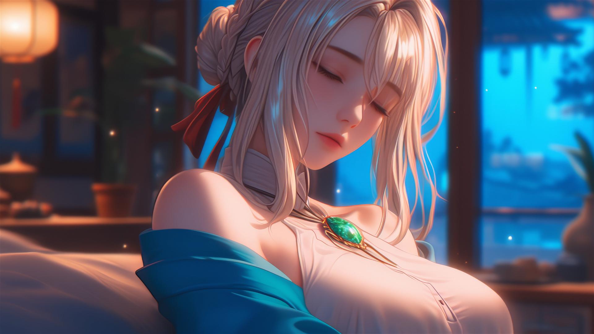 Violet Evergarden resting in apartment with moonlight glow