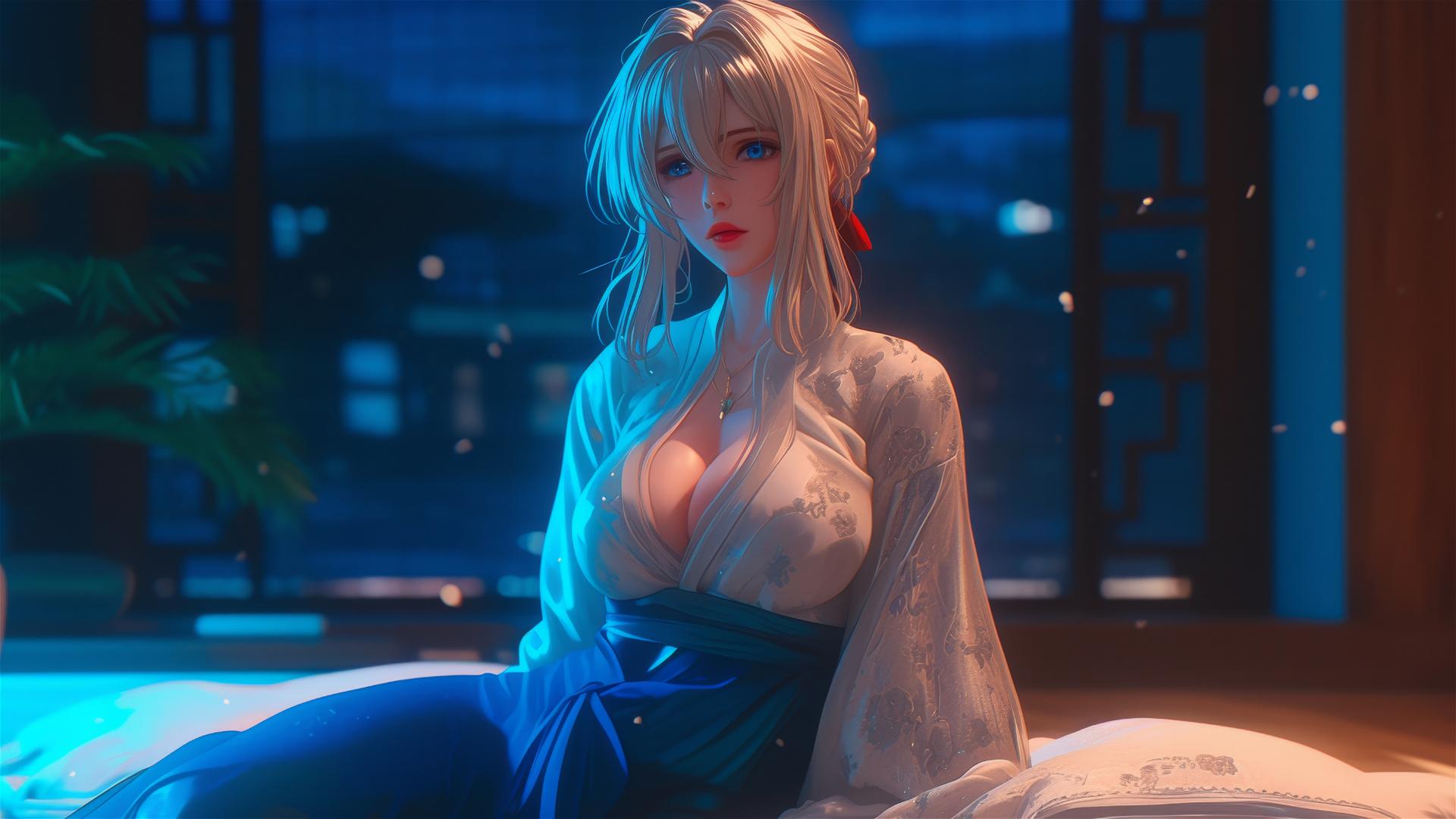 Violet Evergarden relaxing in an apartment with moonlight on her