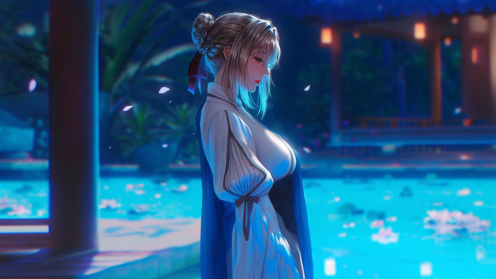 Violet Evergarden standing at home with moonlight