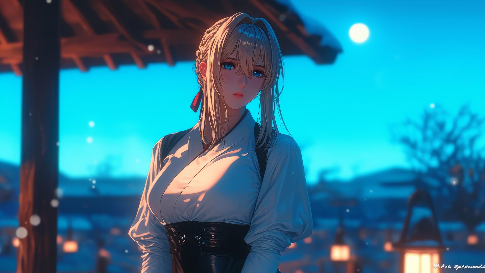 Violet Evergarden standing at home under moonlight