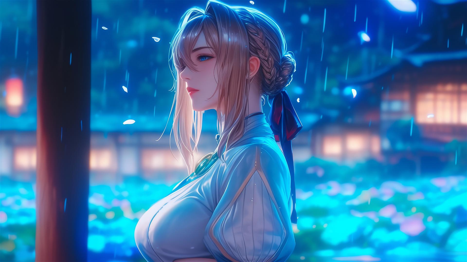 Violet Evergarden standing by her house under moonlight