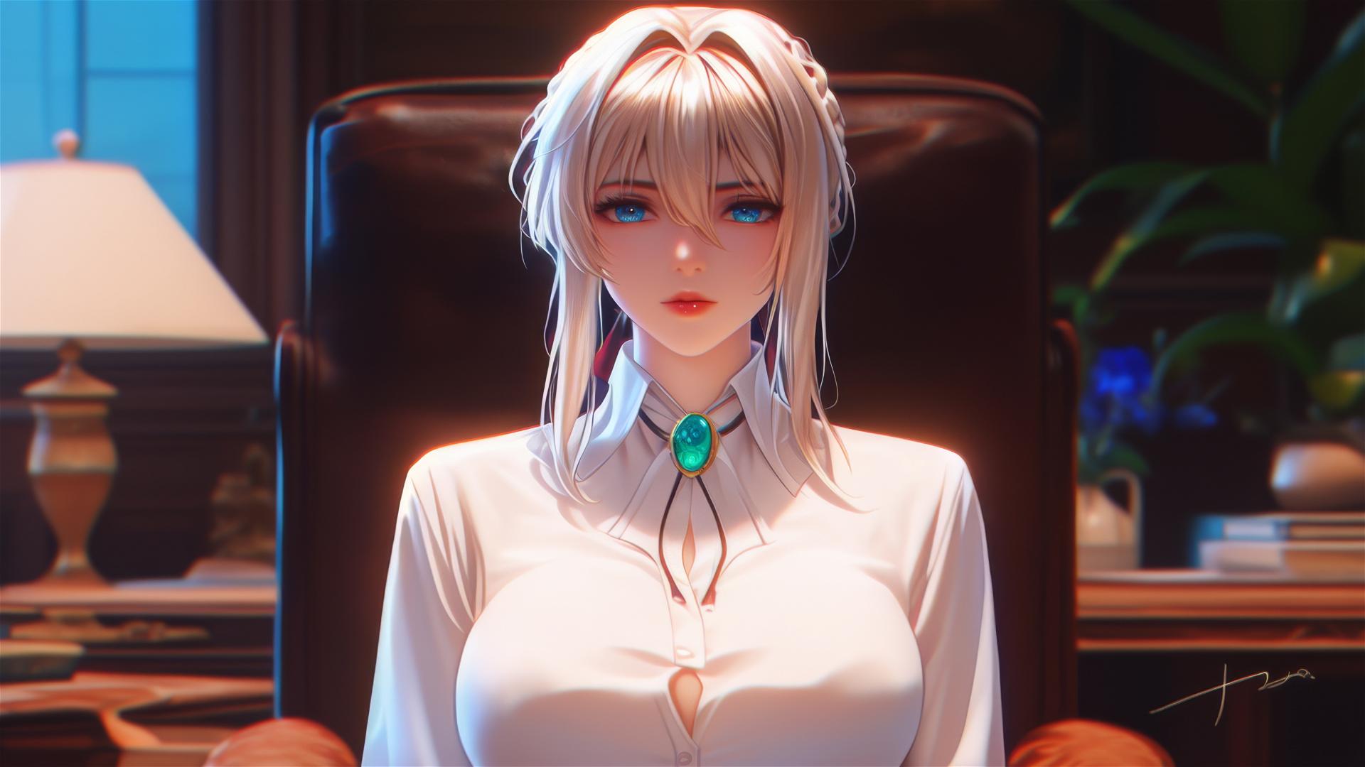 Violet Evergarden resting under moonlight in apartment