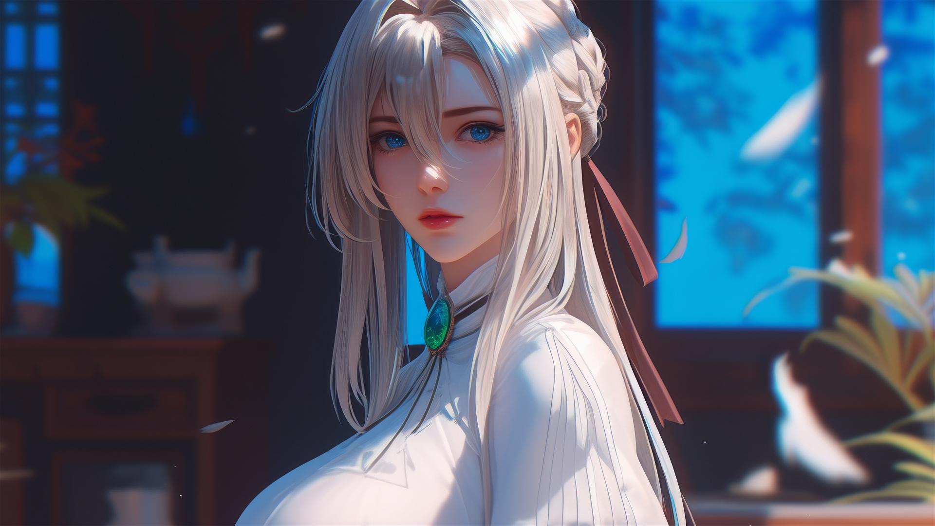 Violet Evergarden standing by her house under the moonlight