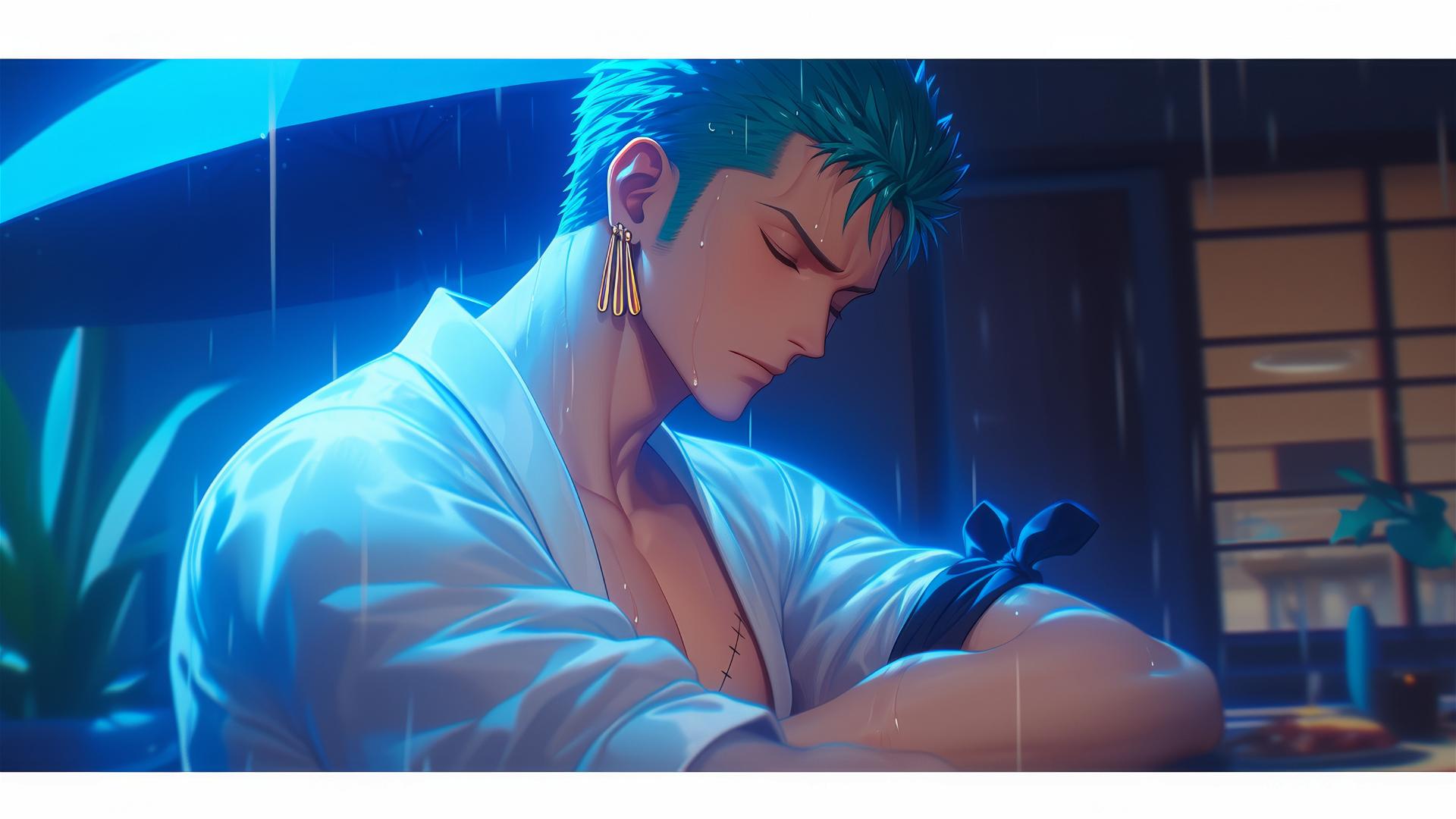 Roronoa Zoro resting in apartment under moonlight