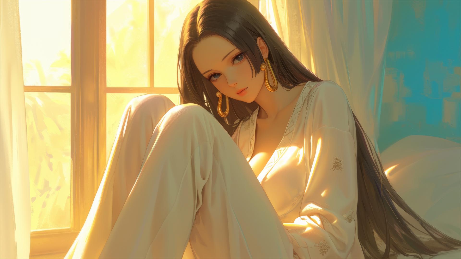 Boa Hancock in white silk pajamas at sunrise in her apartment
