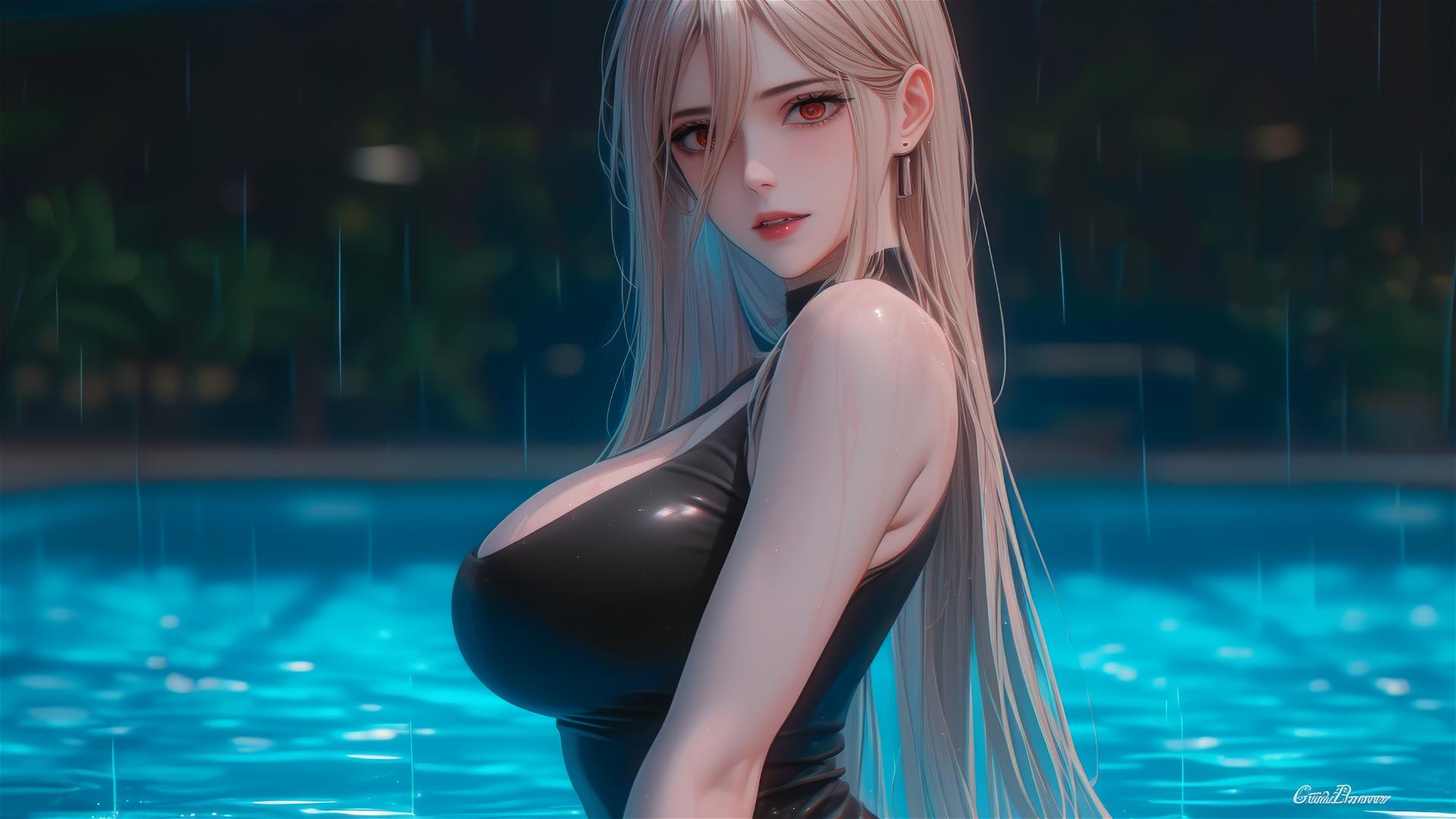 Blond Power from Chainsaw Man with light red horns in black dress at rainy pool