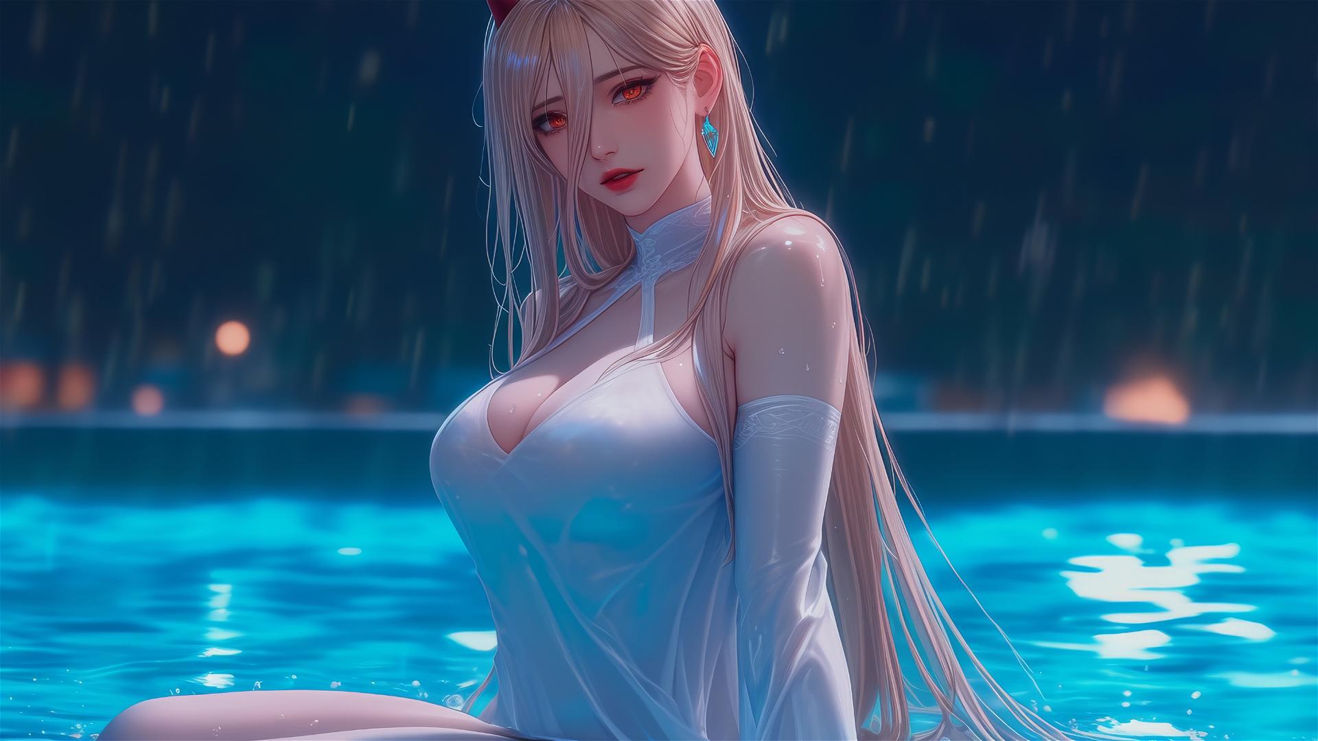 Anime character Power from Chainsaw Man in a white dress, lounging at a rainy pool with light red horns and blond hair