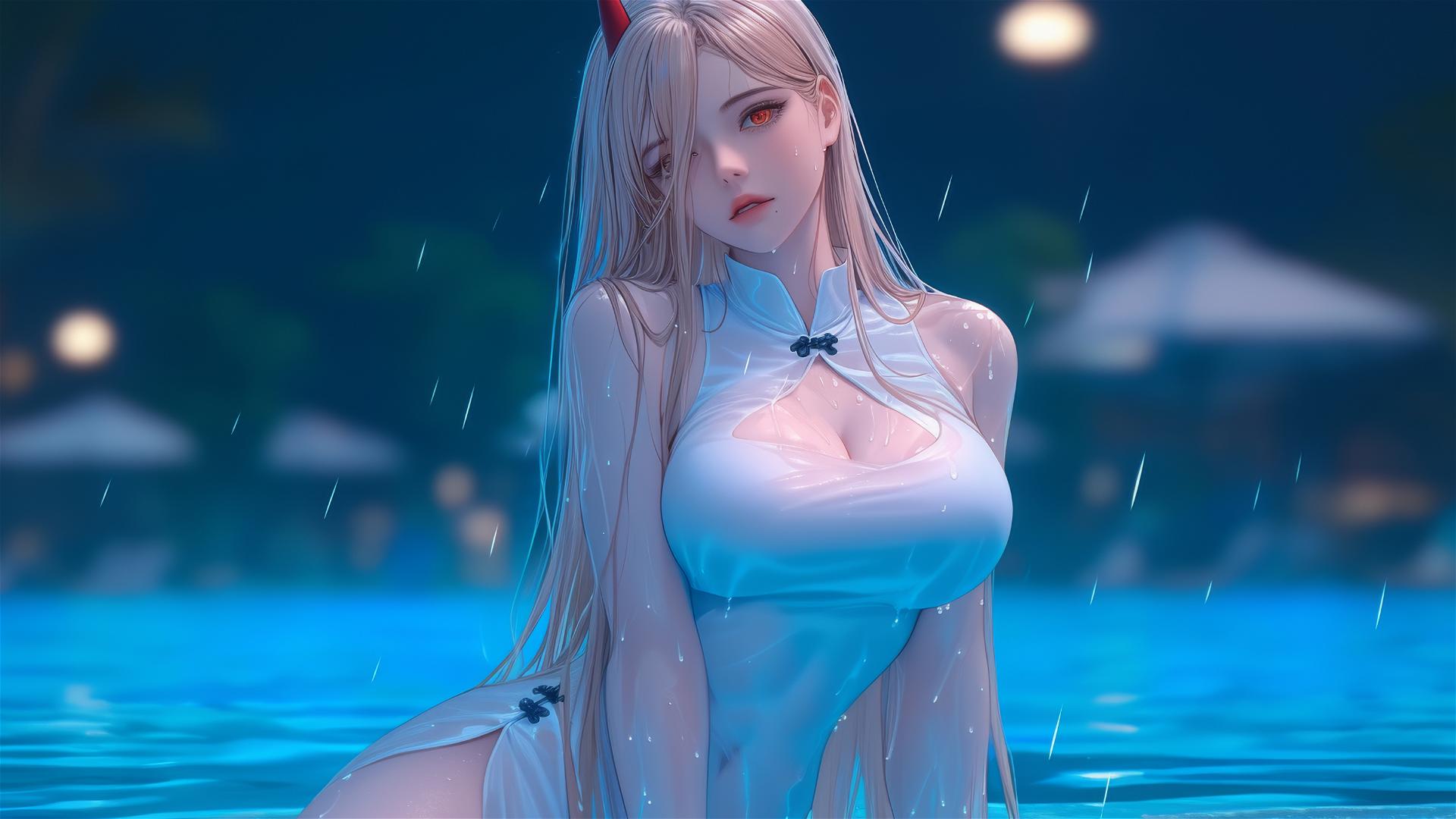 Power from Chainsaw Man, leisurely at rainy swimming pool in dynamic pose, with blond hair, light red horns and white dress