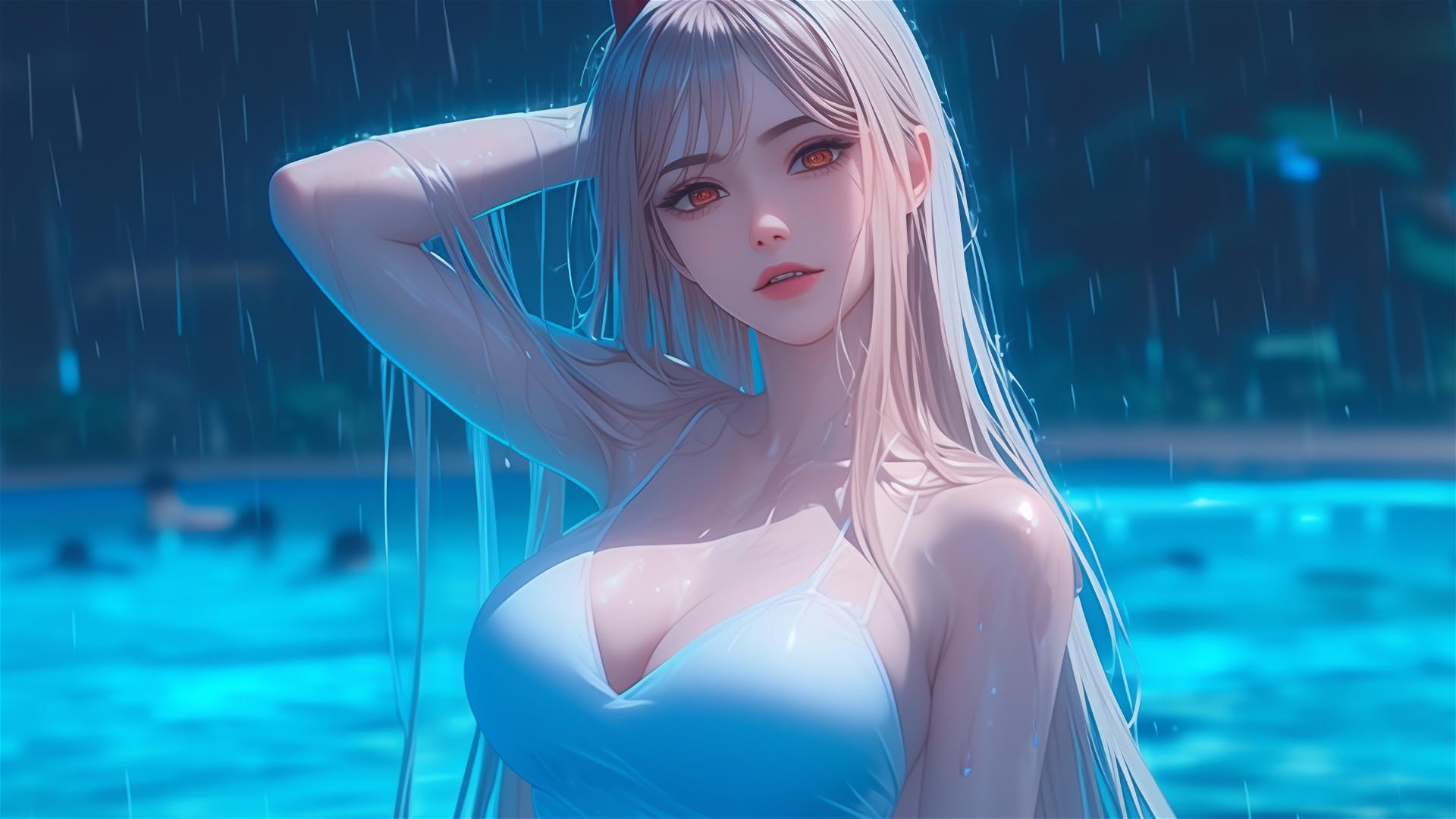 Power from Chainsaw Man at rainy pool, white dress, red horns, dynamic pose
