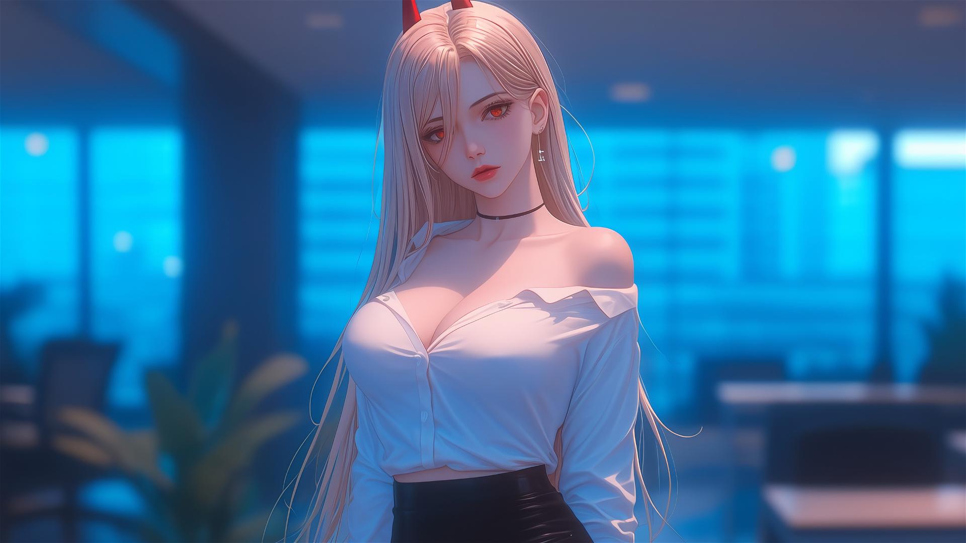 Power from Chainsaw Man with light red horns and blond hair in the office
