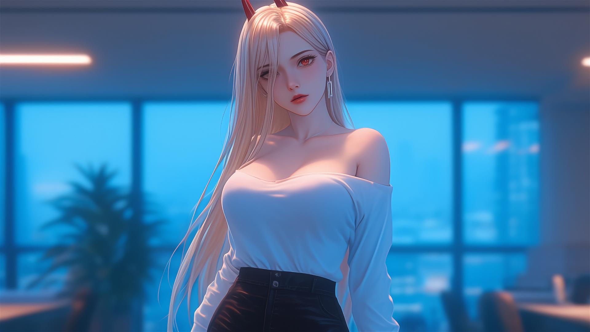 Power from Chainsaw Man relaxing in the office with a focus on thighs, blond hair, and light red horns