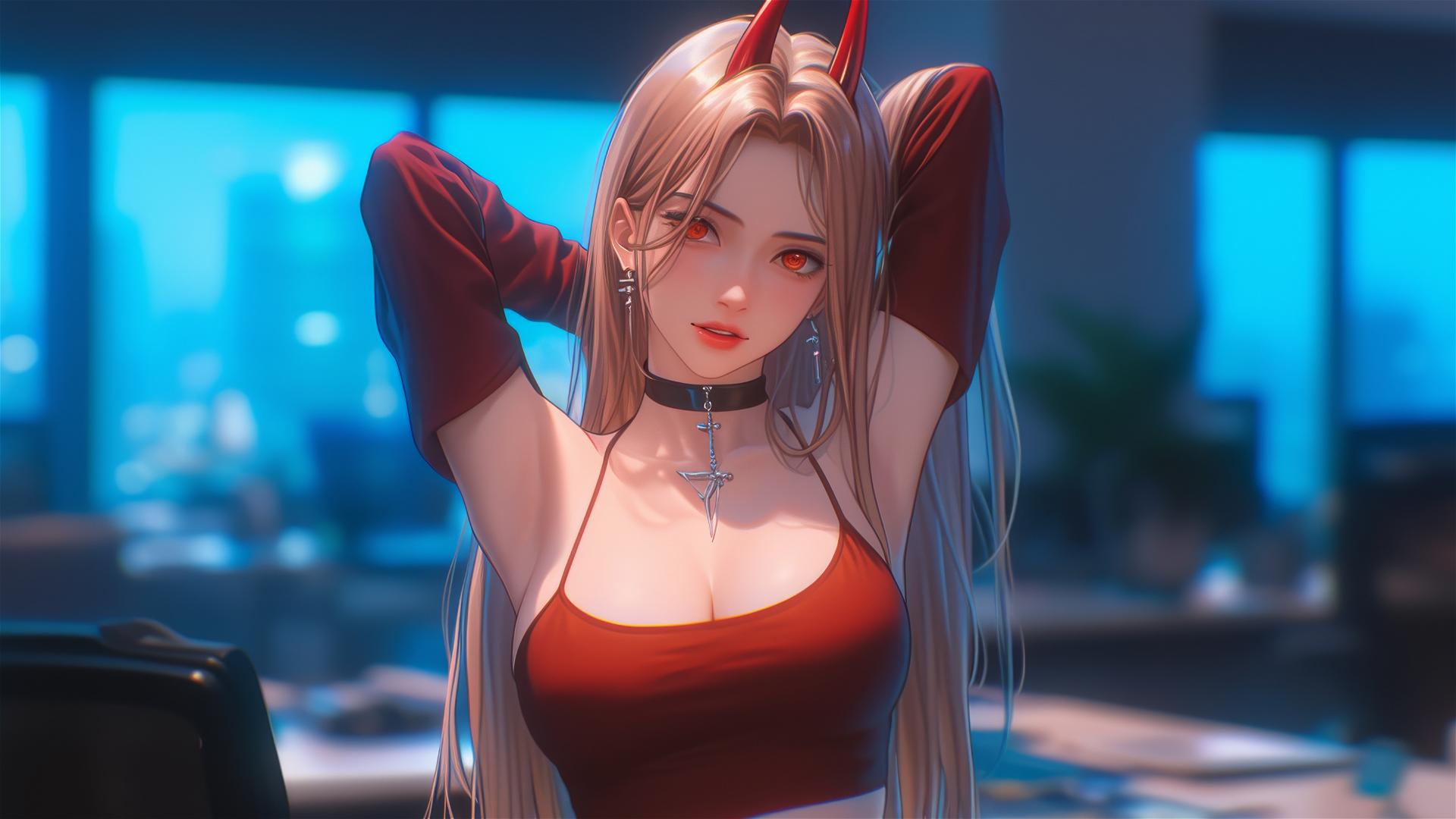 Power from Chainsaw Man in dynamic office pose with thigh focus, blond hair, and light red horns