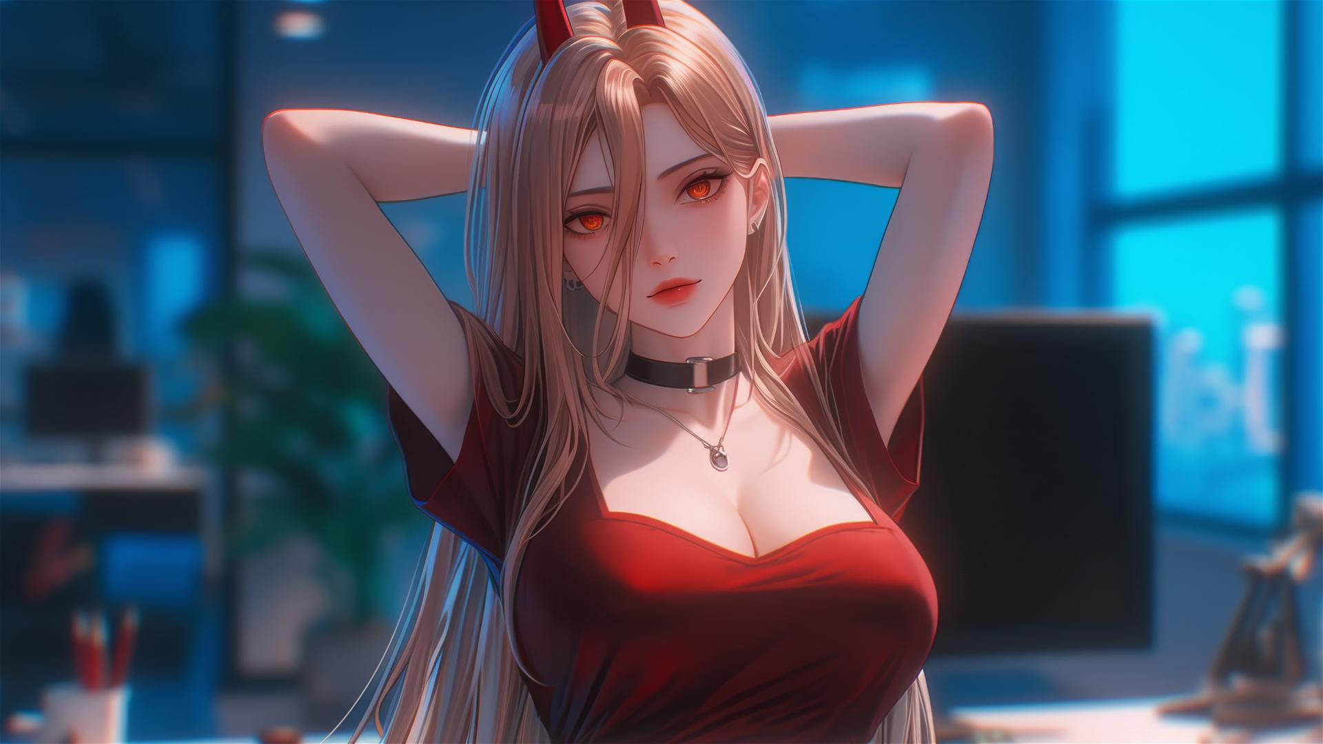 Power from Chainsaw Man standing in office, dynamic pose with light red horns