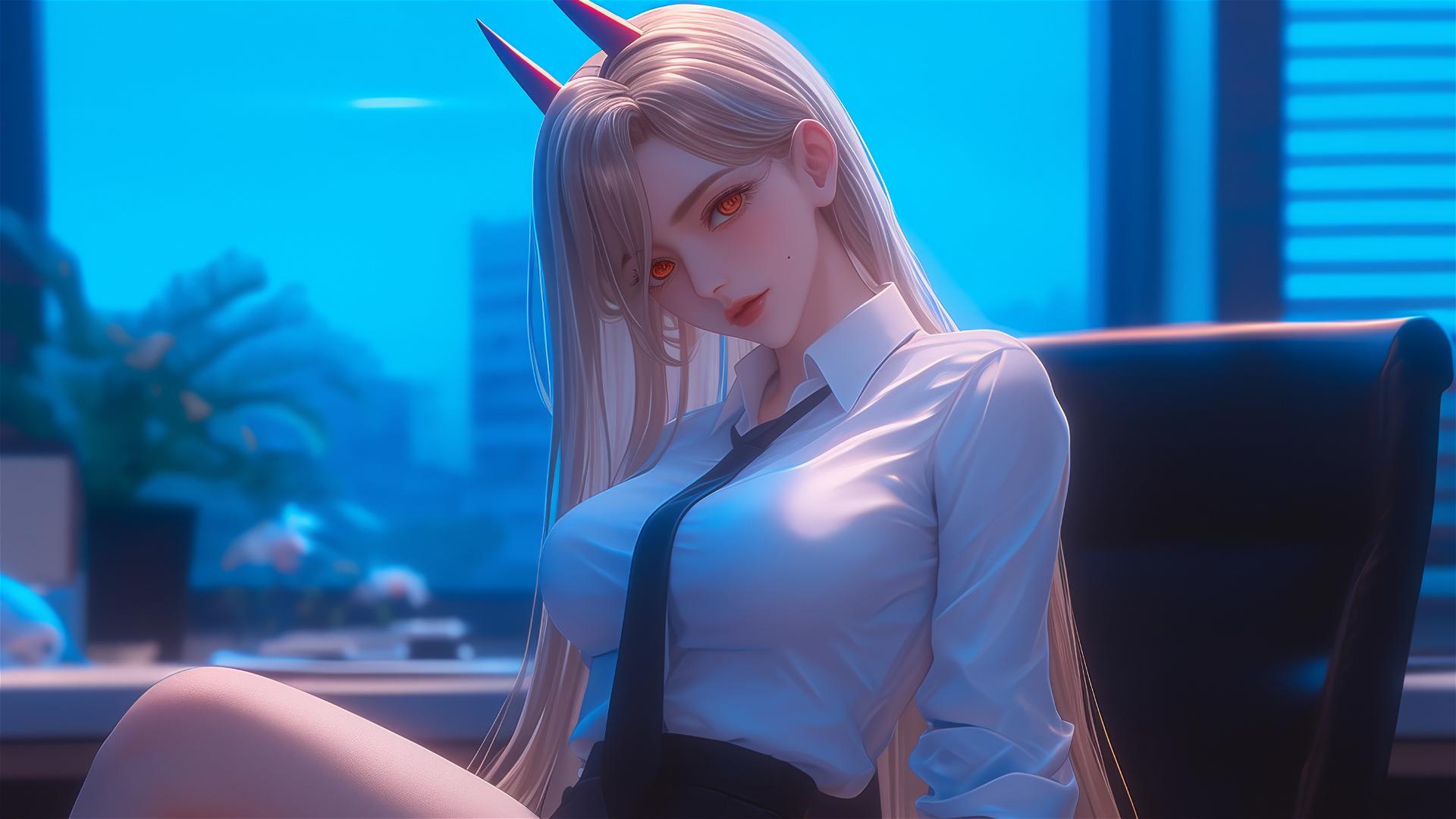 Power from Chainsaw Man bending over to pick an item on office floor, showing a dynamic pose, thigh focus, with blond hair and light red horns on head