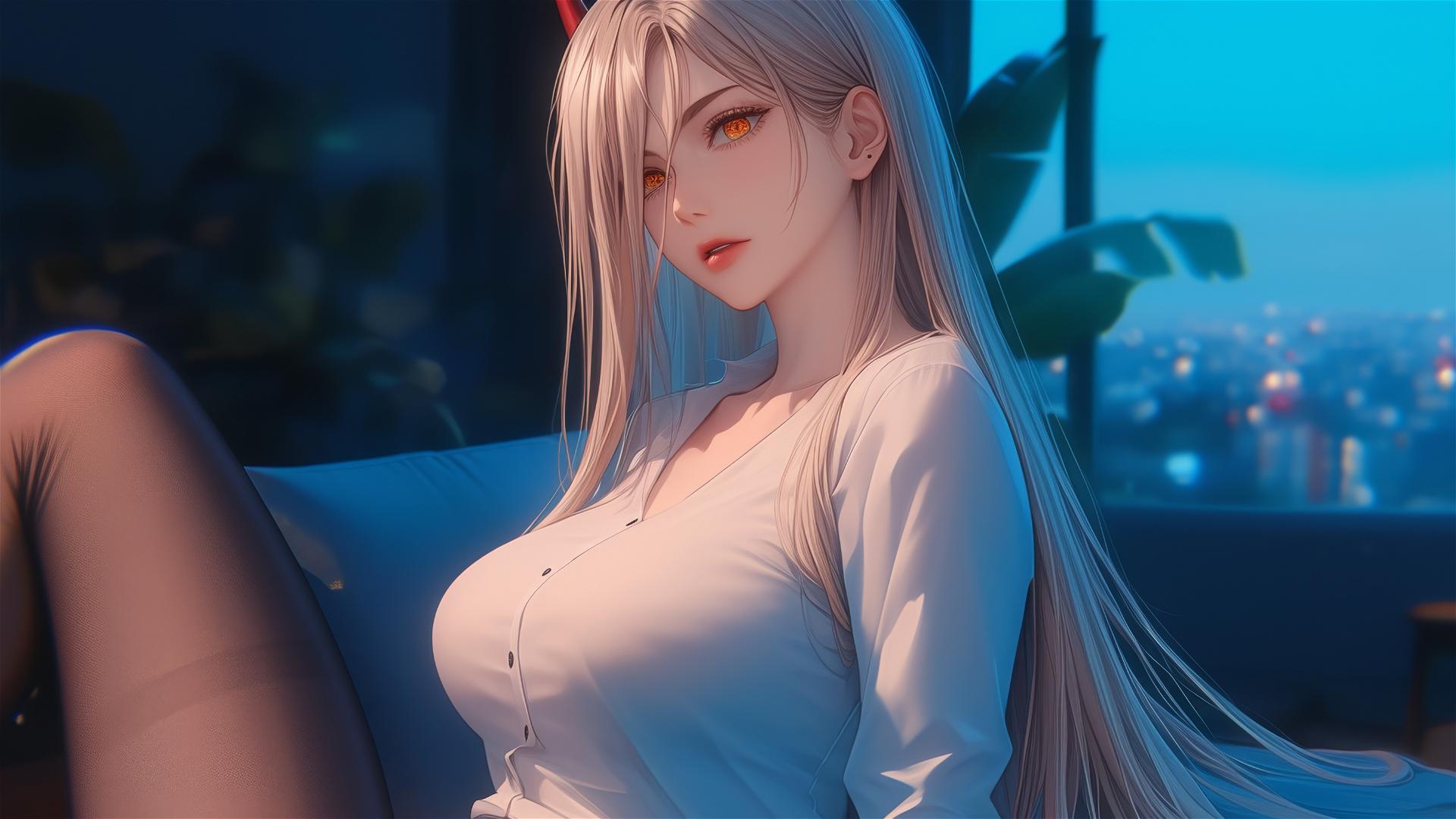 Power, the Chainsaw Man character, relaxing in an apartment with focus on her thighs, having blonde hair, light red horns, and yellow eyes
