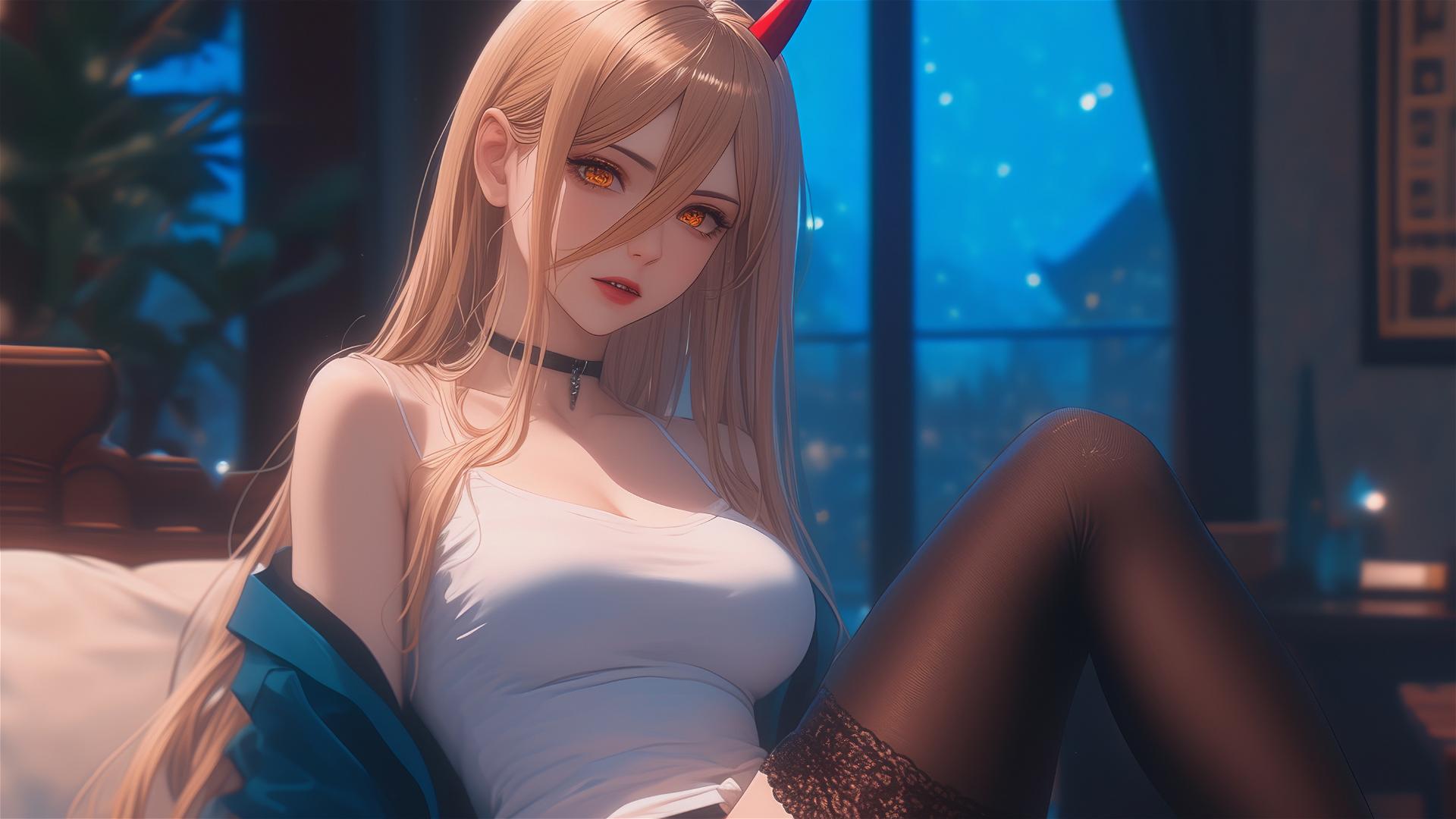Power from Chainsaw Man resting with focus on thighs, blonde hair, light red horns, and yellow eyes.