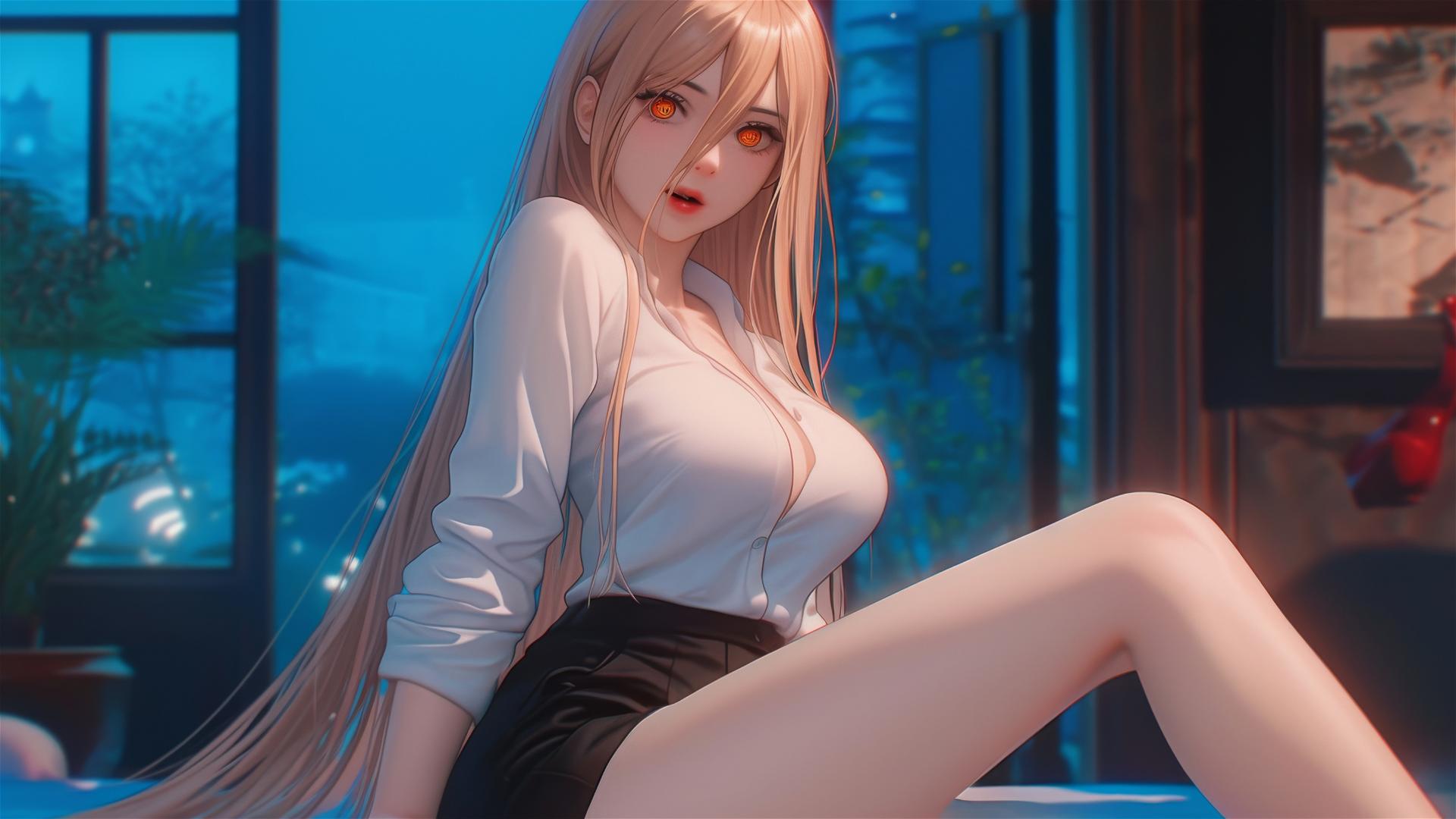 Power from Chainsaw Man resting in apartment, focus on thighs, blonde hair and light red horns, yellow eyes
