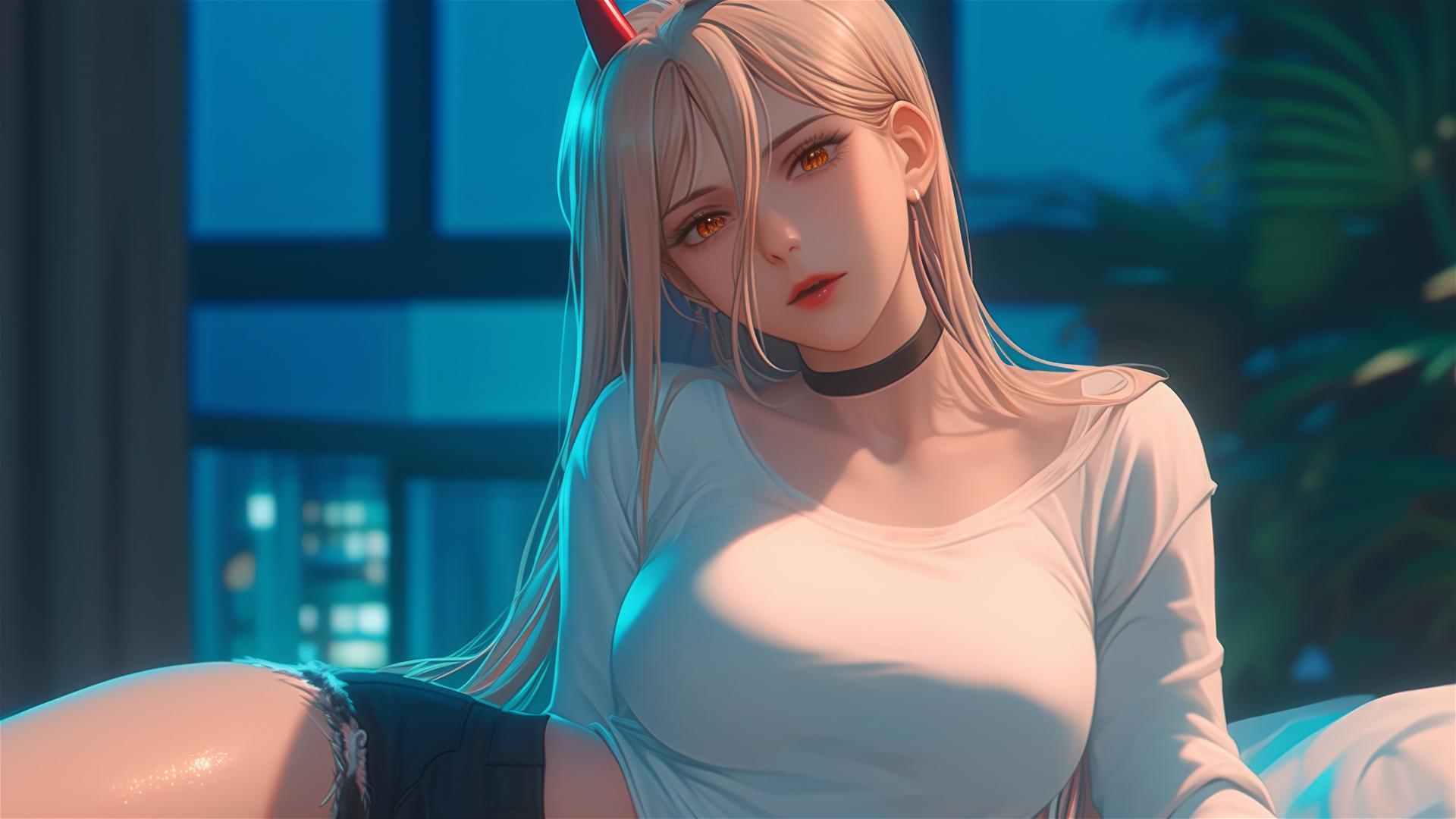 Power from Chainsaw Man, resting leisurely in apartment with light red horns, blond hair, and yellow eyes