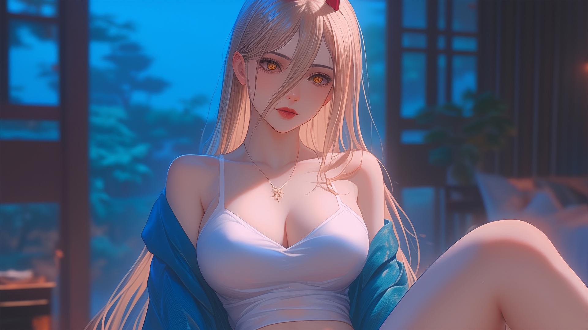 Power, from Chainsaw Man, resting in apartment, focus on thighs, blond hair, slight red horns and yellow eyes