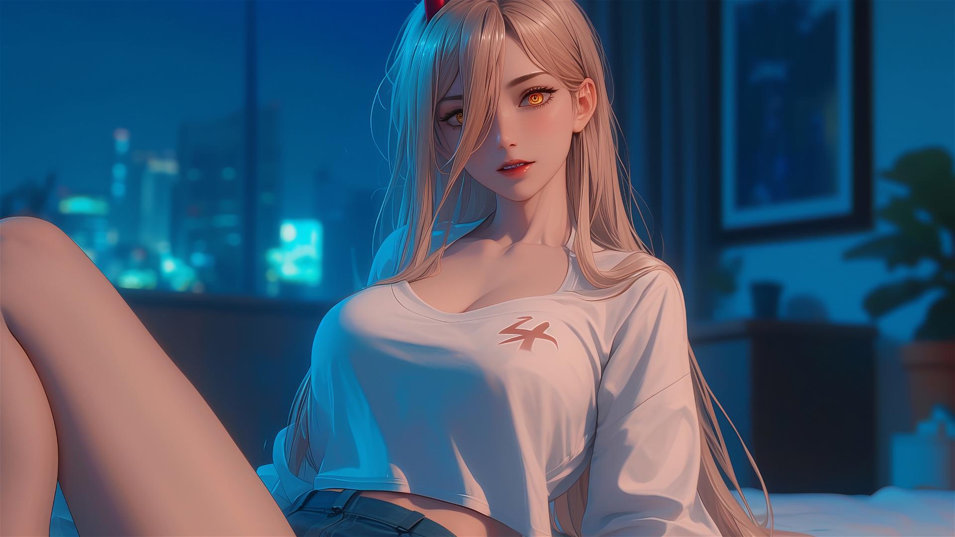 Illustration of Power from Chainsaw Man, lounging in an apartment with emphasis on thighs, sporting blond hair and light red horns, yellow eyes