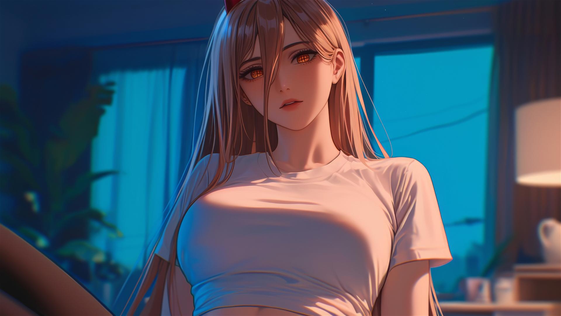 Power from Chainsaw Man resting at an apartment, focused on thighs, with blond hair, light red horns and yellow eyes