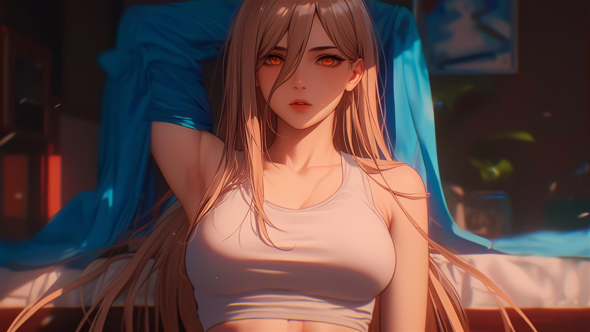 Power from Chainsaw Man resting at apartment with focus on thighs, blond hair, light red horns, and yellow eyes