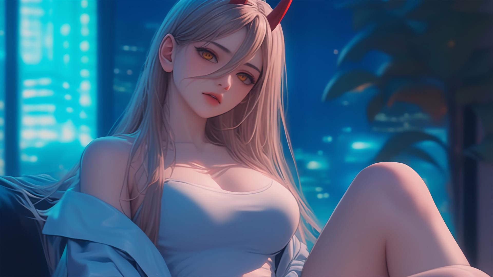 Power from Chainsaw Man resting with focus on thighs, blond hair, and light red horns
